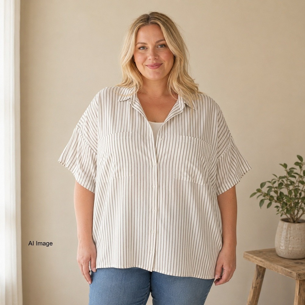 Oversize Striped Button Up Shirt Womens XL‎ Boxy Coastal Relaxed Layering